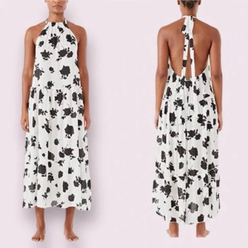 Kate spade Black and cream Halter Dress maxi tiered tie floral print XS cover up